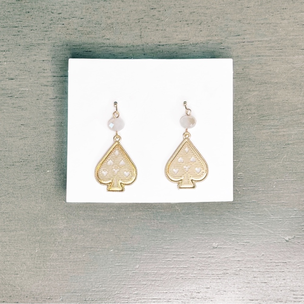 ♠️ Brushed Gold Spade Heart Diamonds Club Cards White Faceted Stone 2" Earrings